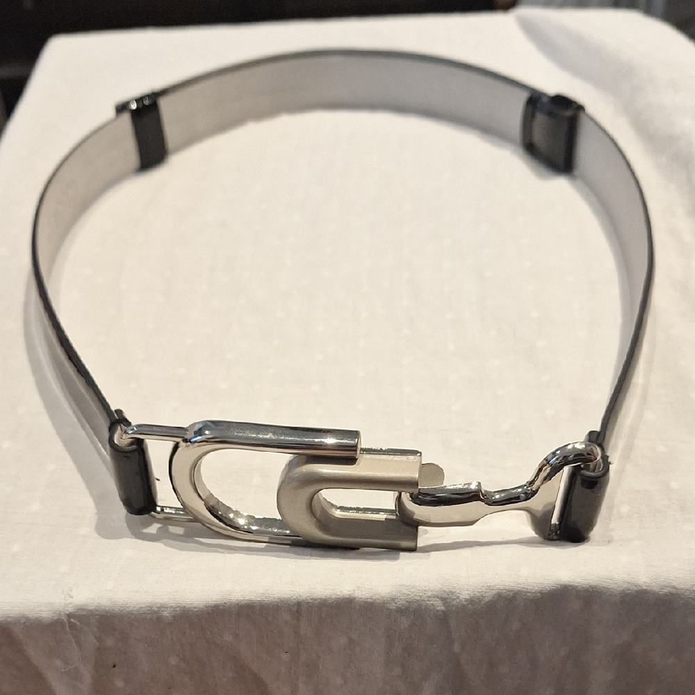 Chico's Patent Leather Adjustable Belt With Silver Tone Buckle